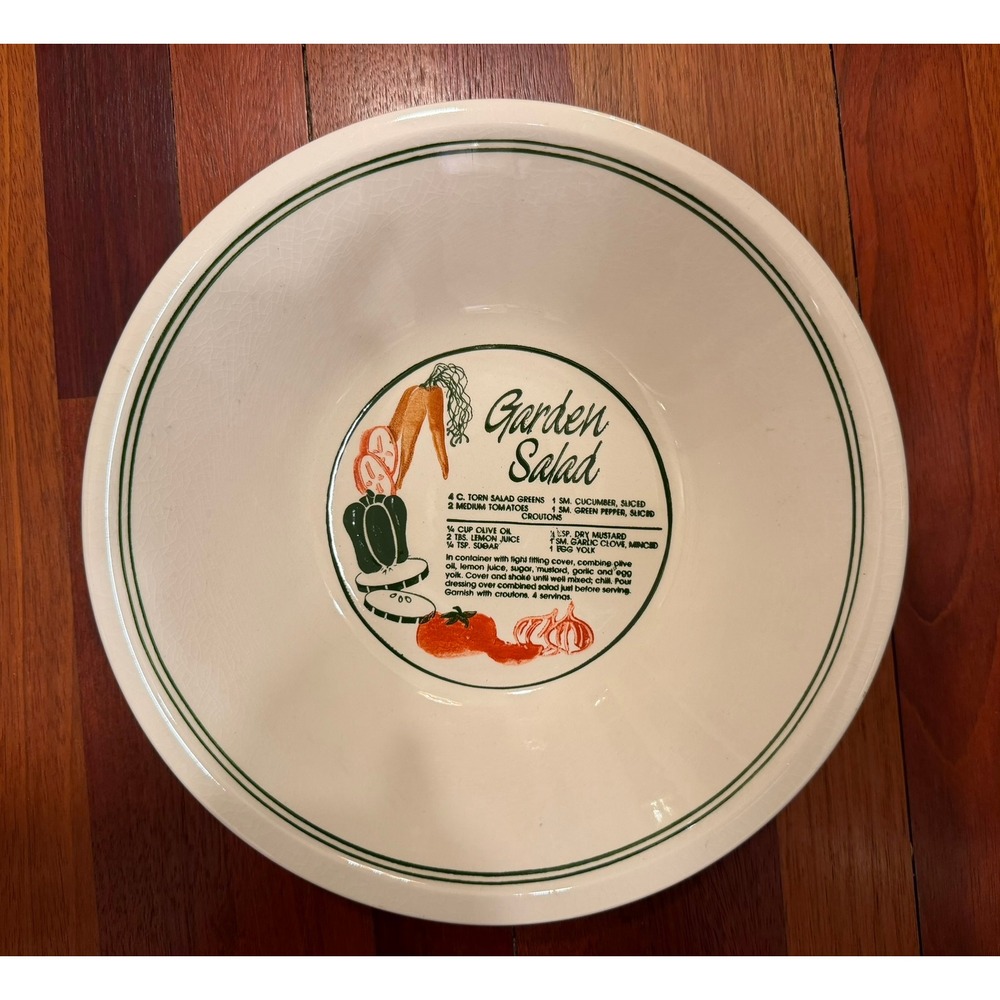 Vintage Garden Salad‎ Recipe Ceramic Serving Bowl White Green Stripe Farmhouse